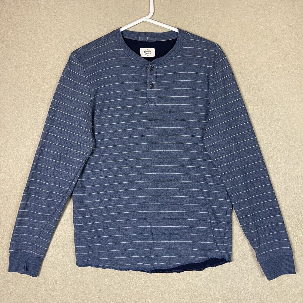 Marine Layer Shirt Adult Large Blue Henley Long Sleeve Pocket Logo Mens